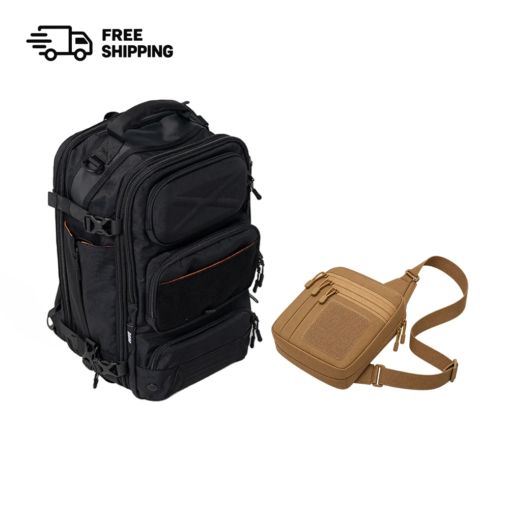 Oono Backpack V3.5 20L in Midnight Black with the Tactical Sling Bag in Tan, bundle product shot