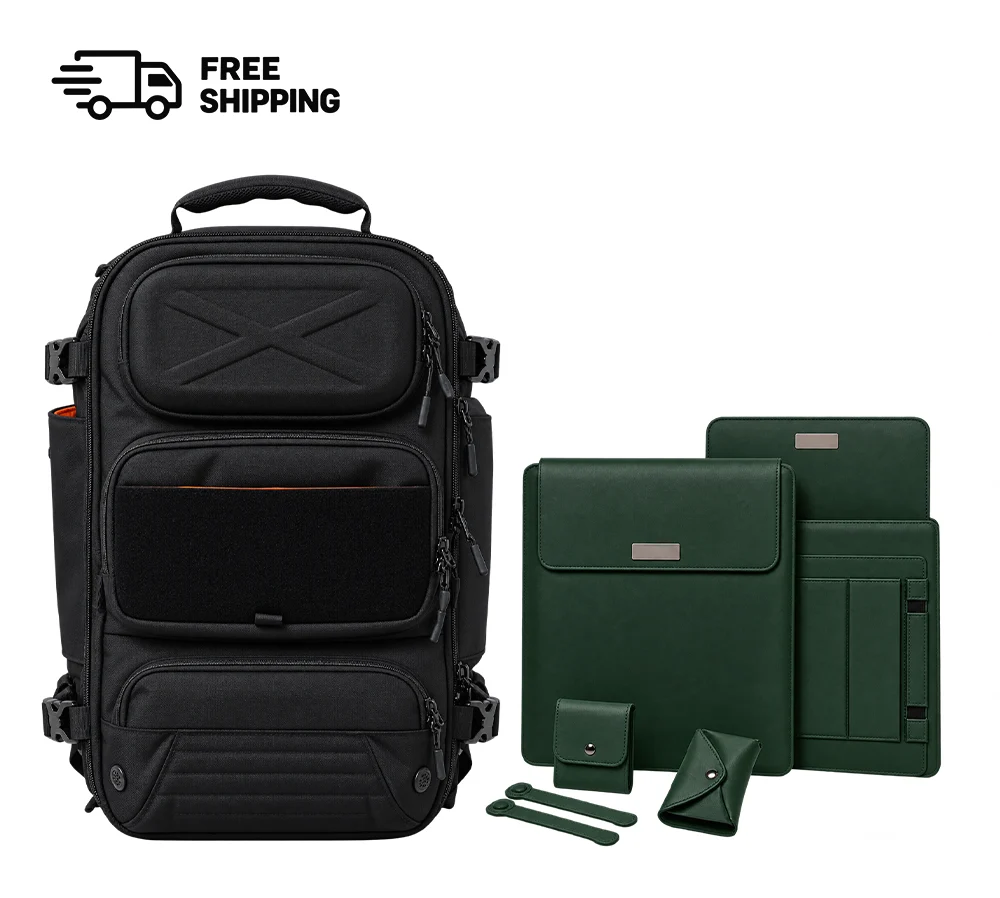 Oono Backpack V3.5 20L in Midnight Black with the Laptop Sleeve with Stand in Green, bundle product shot