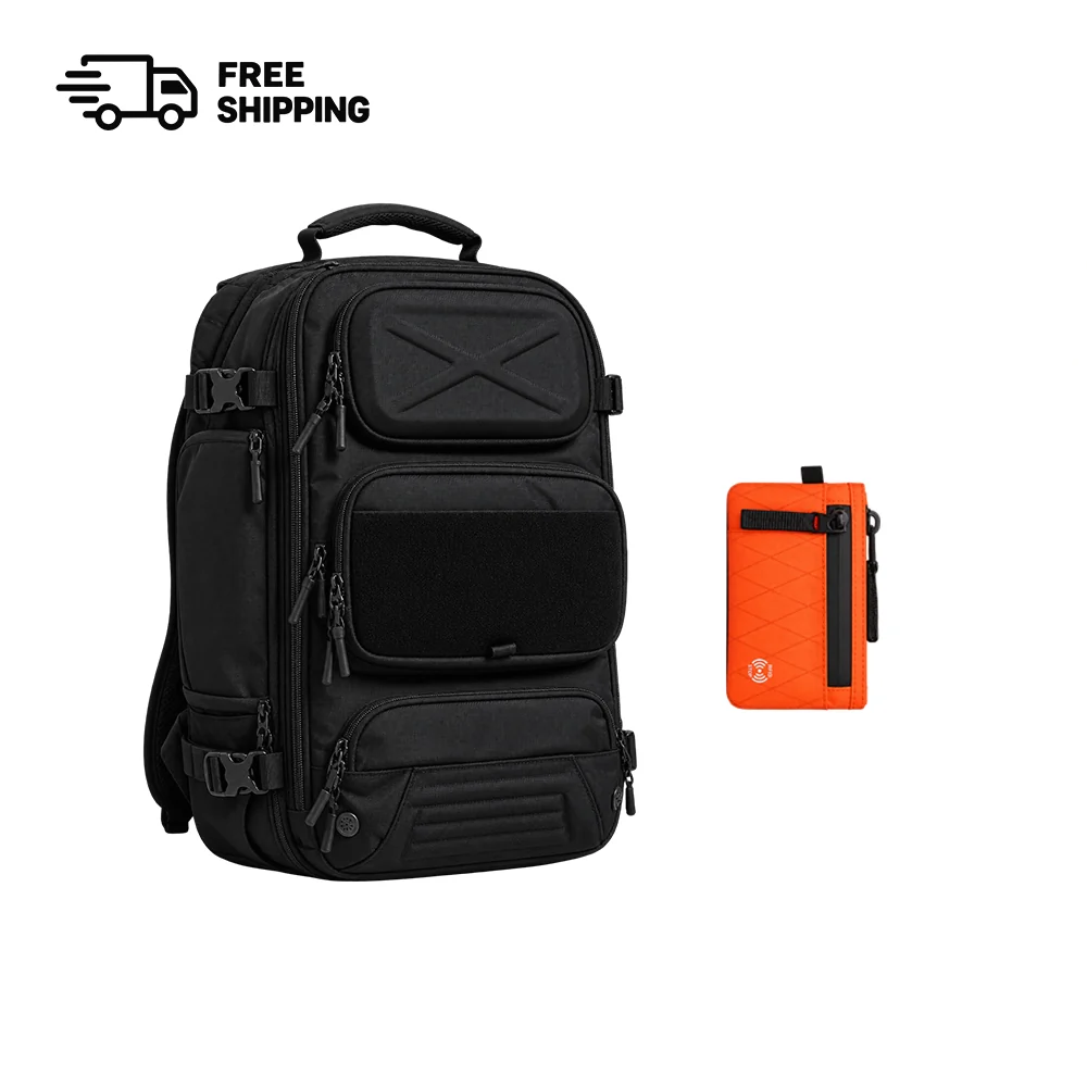 Oono Backpack V3.5 20L in Midnight Black, front view, with the Slim RFID Wallet