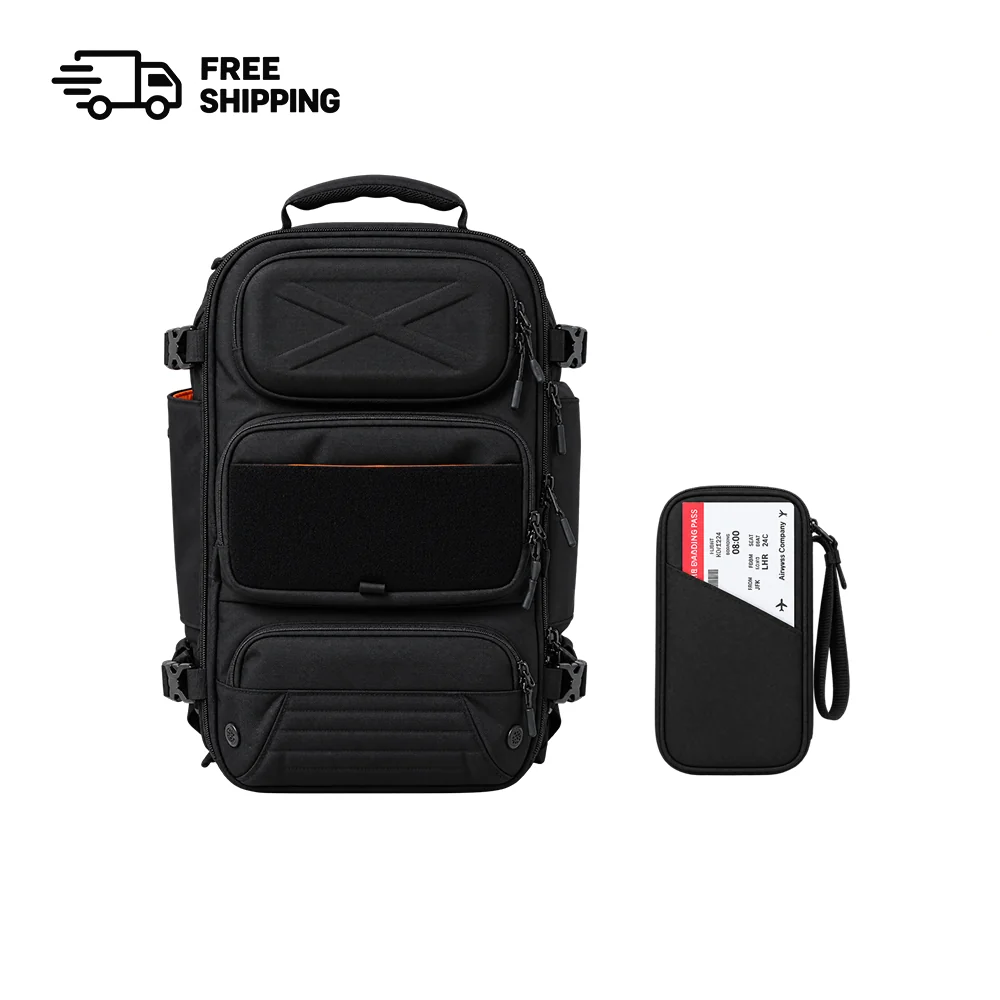 Oono Backpack V3.5 20L in Midnight Black, front view, with the RFID Passport Wallet