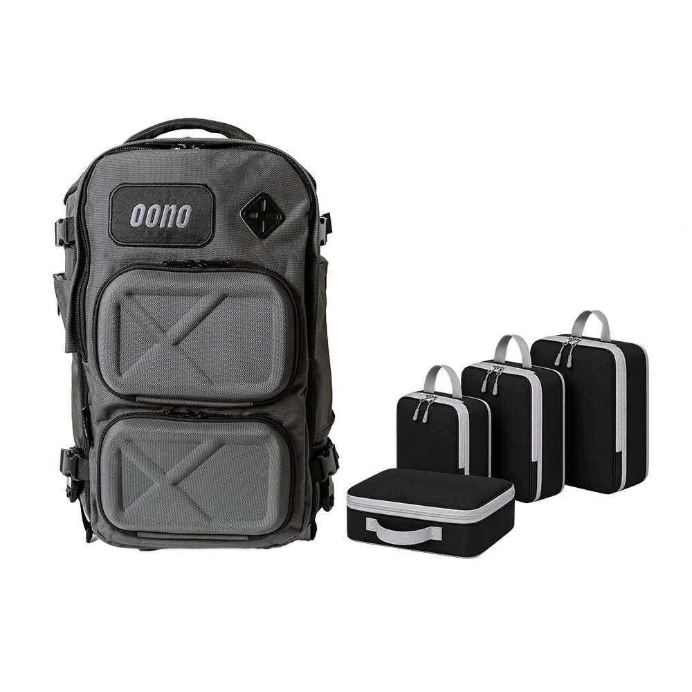 Oono Backpack V2 20L in Charcoal Gray with the 4-piece Oono Packing Cube Set in Black