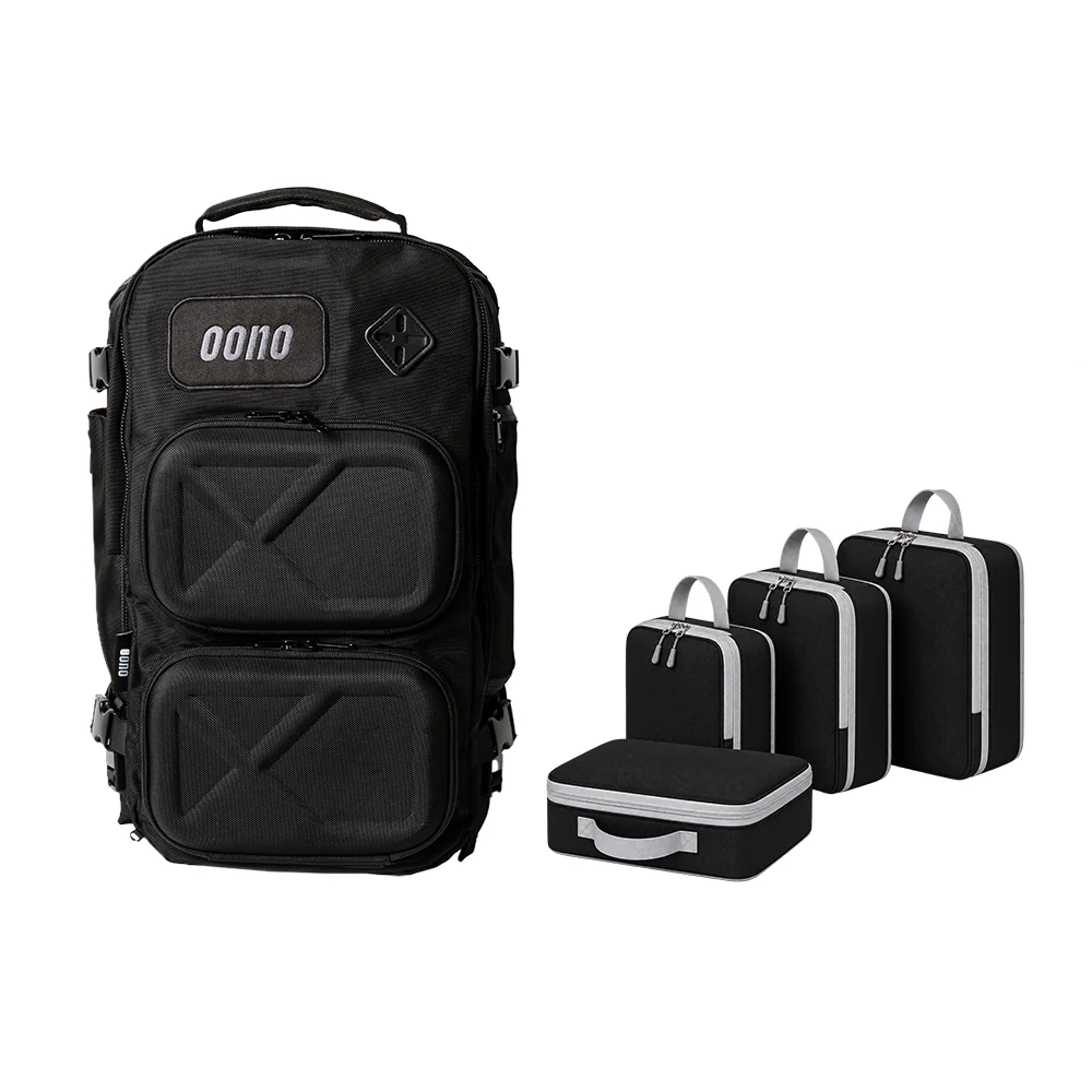 Oono Backpack V2 20L in Midnight Black with the 4-piece Oono Packing Cube Set in Black