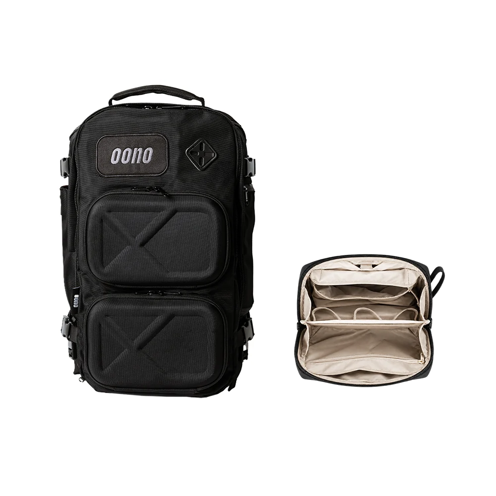 Oono Backpack V2 20L in Midnight Black with the Toiletry Bag open, showing its elastic-pocket interior