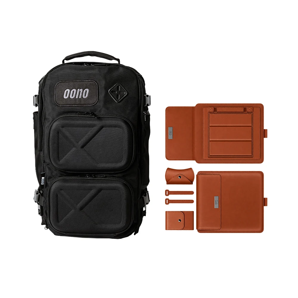 Oono Backpack V2 20L in Midnight Black with Laptop Sleeve with Stand in Tan, including mouse pouch, cable straps, and adapter pouch