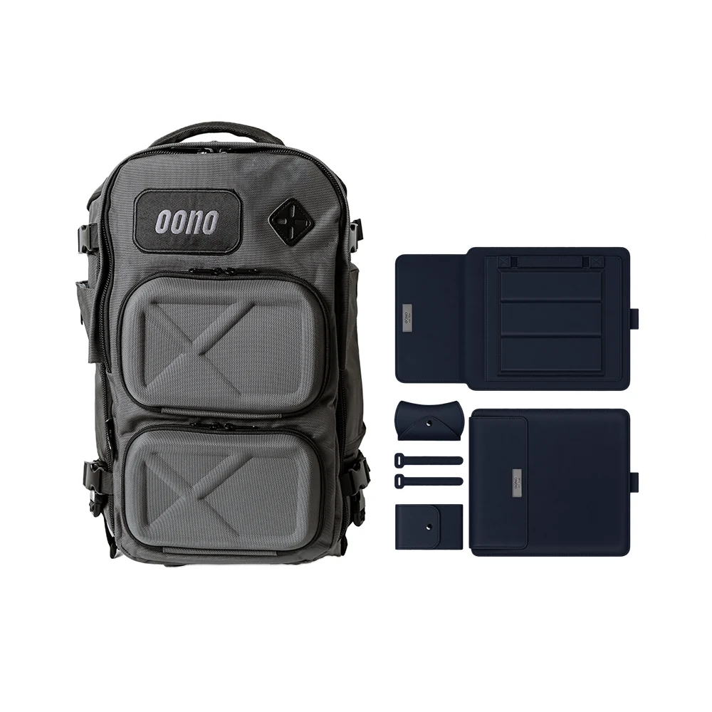 Oono Backpack V2 20L in Charcoal Gray with Laptop Sleeve with Stand in Navy, including mouse pouch, cable straps, and adapter pouch