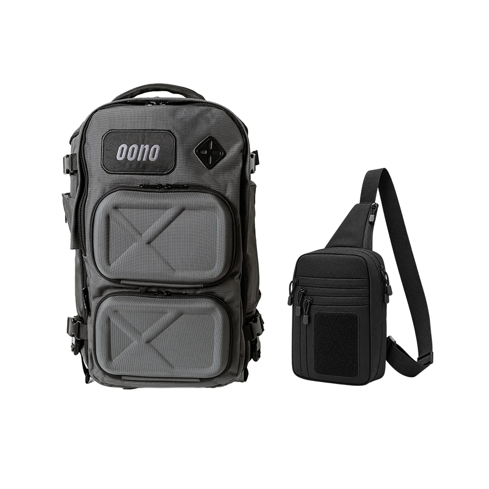Oono Backpack V2 20L in Charcoal Gray with the Tactical Sling Bag in Midnight Black