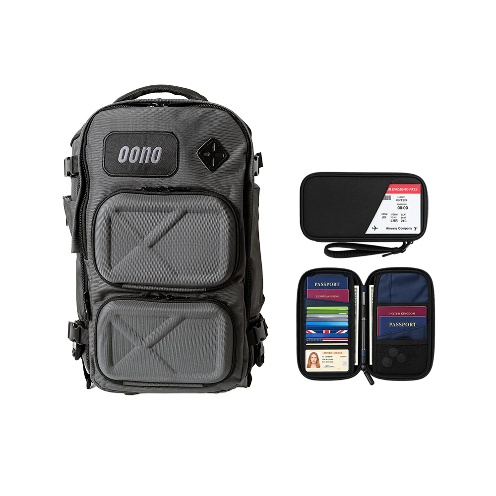 Oono Backpack V2 20L bundled with the RFID Passport Wallet, front view