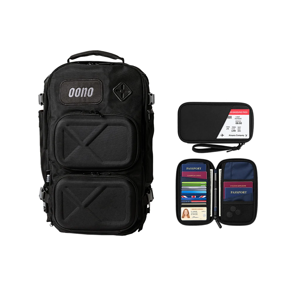 Close-up of the Oono Backpack V2 20L front pocket and the RFID Passport Wallet open with passport and cards