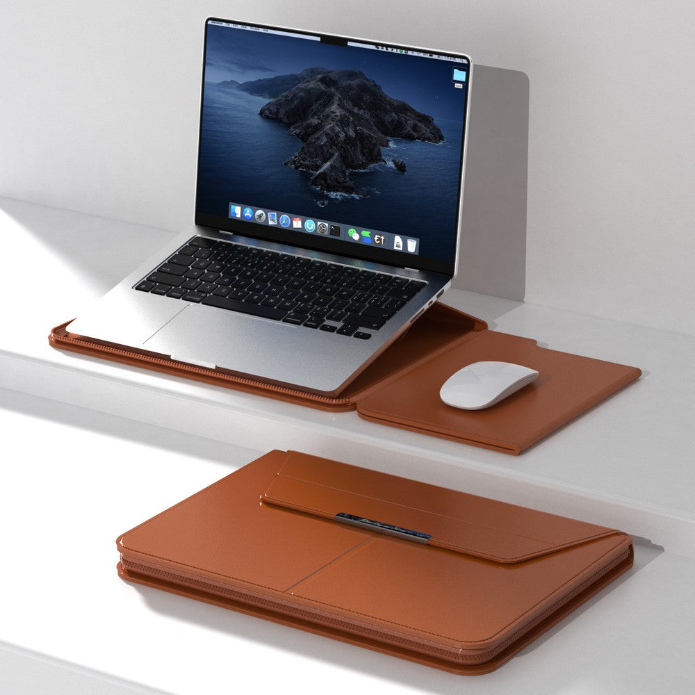 Orange Laptop sleeve with Zipper open, laptop propped on the fold-out stand half beside a mouse on the built-in mouse pad half