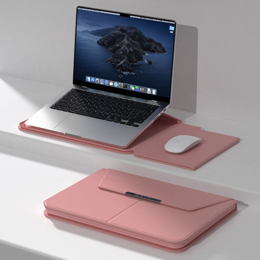 Pink Laptop sleeve with Zipper open, laptop propped on the fold-out stand half beside a mouse on the built-in mouse pad half