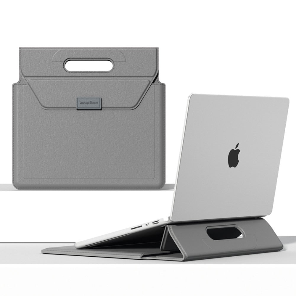 Gray Laptop sleeve with handle shown closed with cutout carry handle, next to the sleeve folded open into a stand propping up a laptop