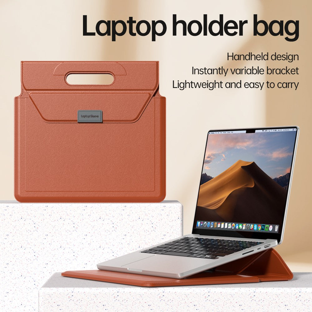 Orange Laptop sleeve with handle hero shot labeled Laptop holder bag, showing the handheld design next to a laptop