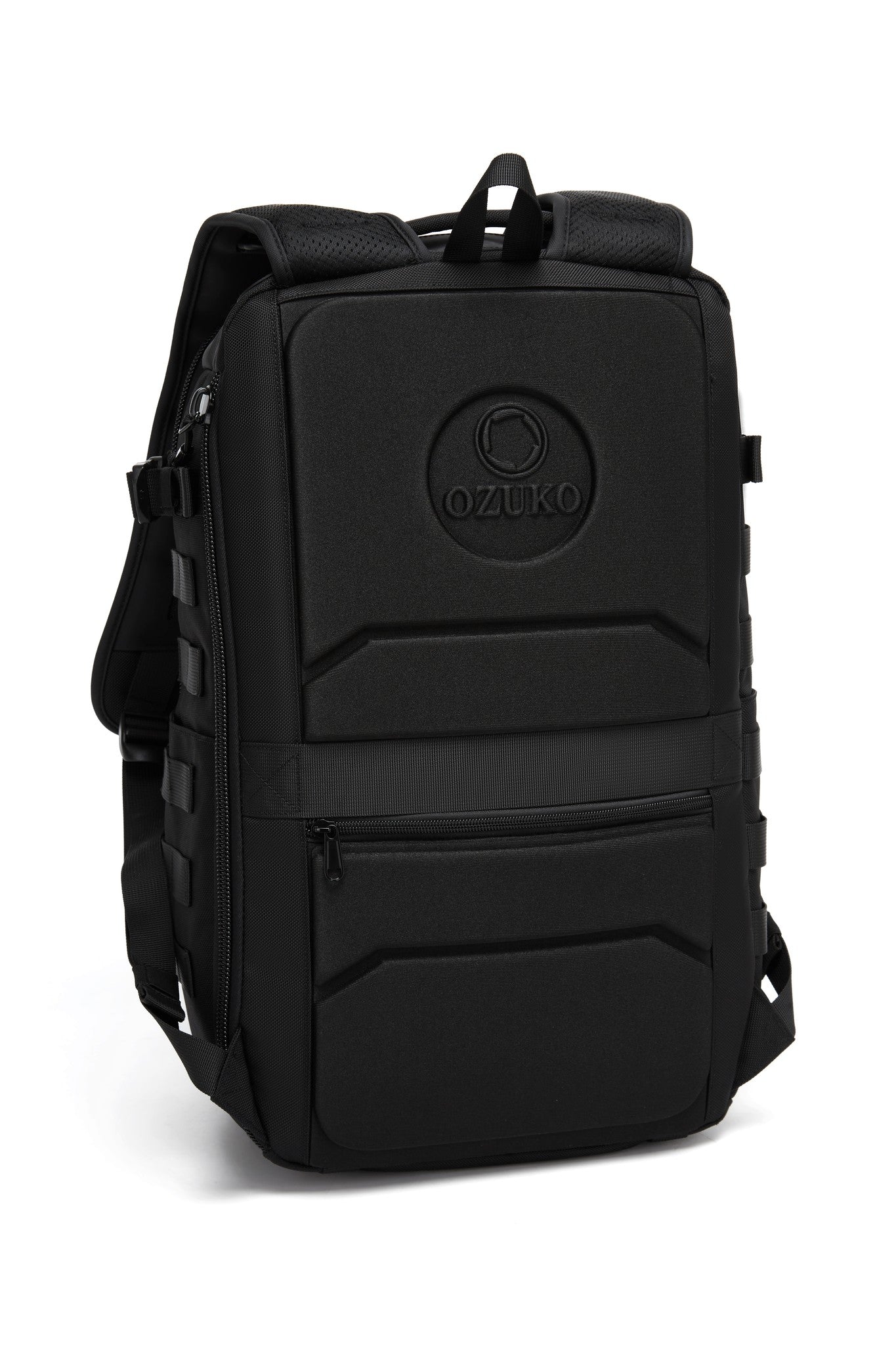 Close-up of the Oono Trailhead Backpack 25L's padded back panel with the OZUKO logo embossed at the center