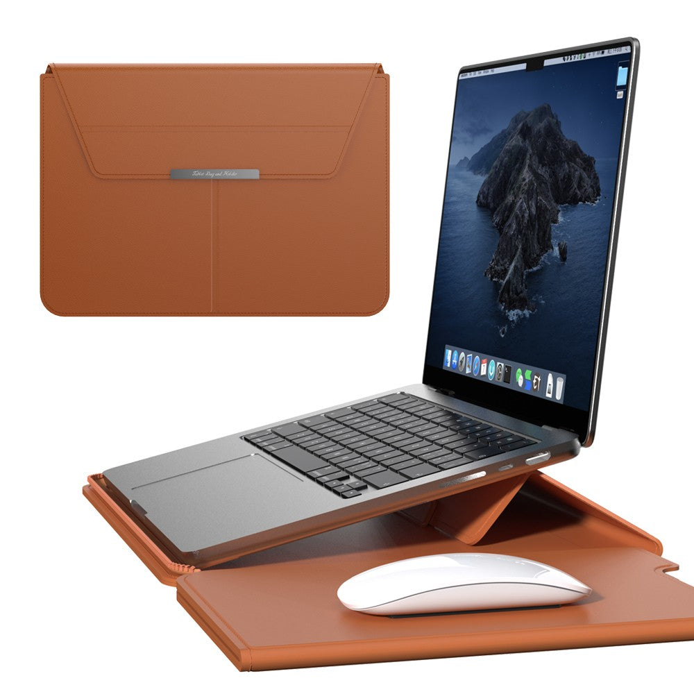 Orange Laptop sleeve with Zipper closed, front view beside an open laptop