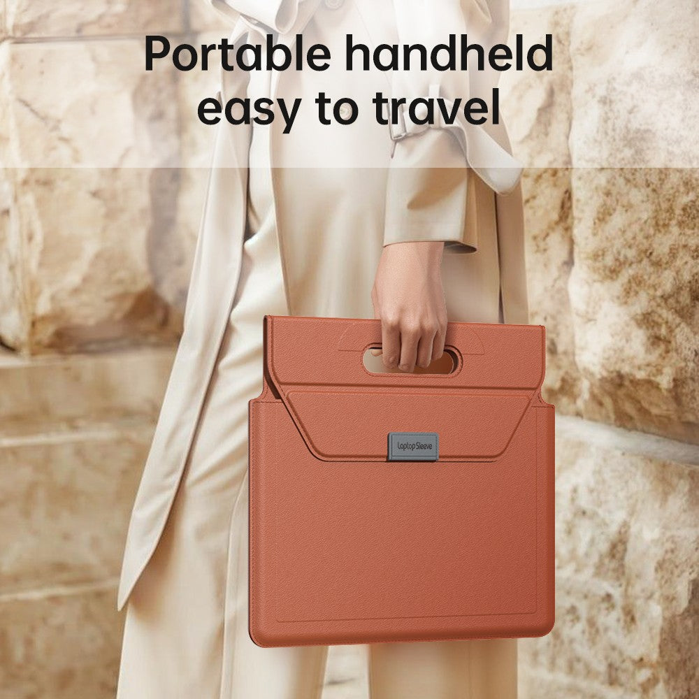 Orange Laptop sleeve with handle being carried by hand while walking, demonstrating the portable handheld design