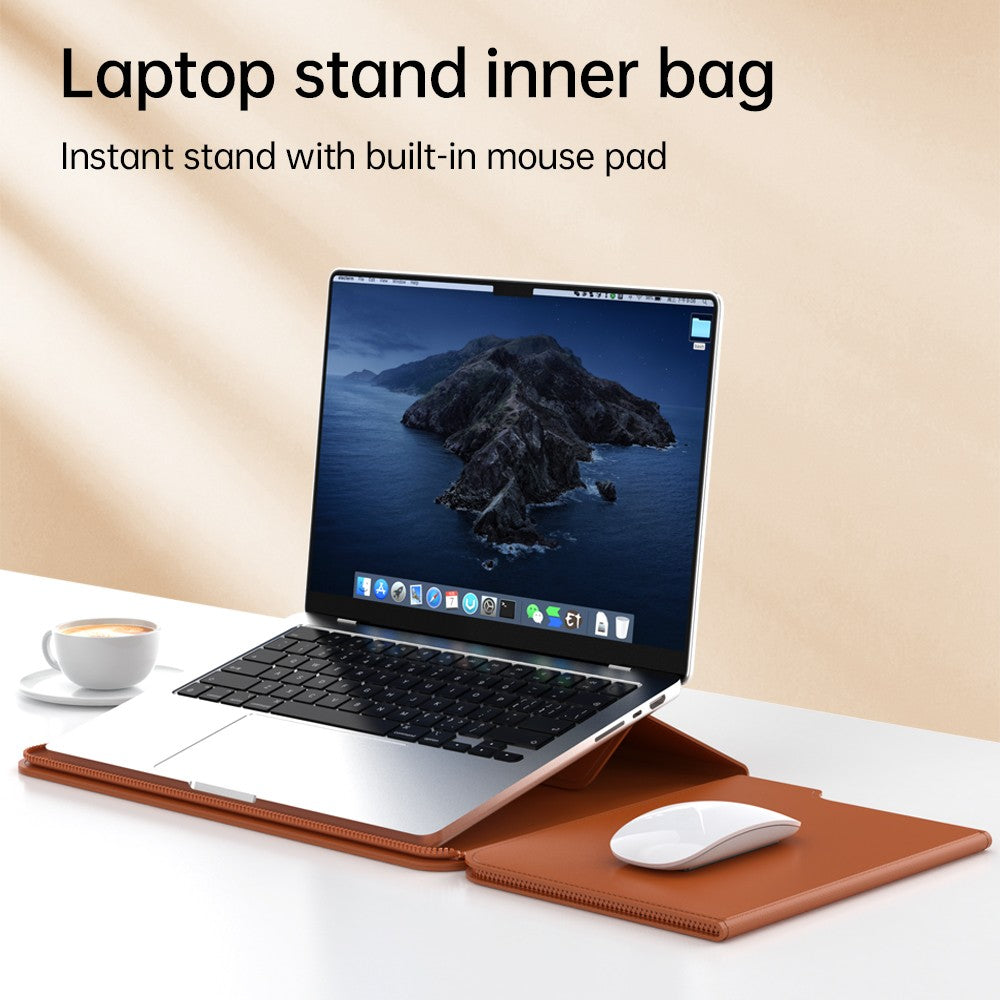 Orange Laptop sleeve with Zipper folded into a stand and mouse pad on a desk with a coffee cup, laptop propped at a comfortable angle