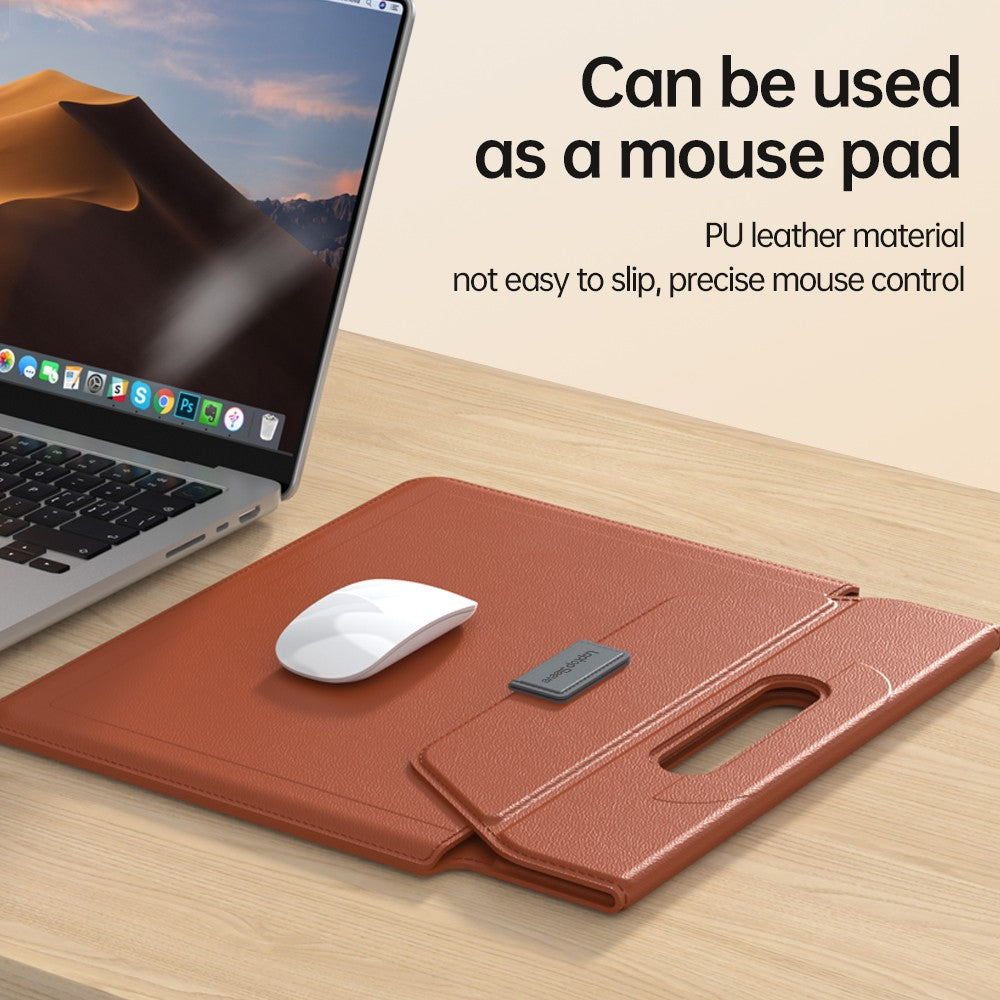 Black Laptop sleeve with handle shown closed with cutout carry handle, next to the sleeve folded open into a stand propping up a laptop