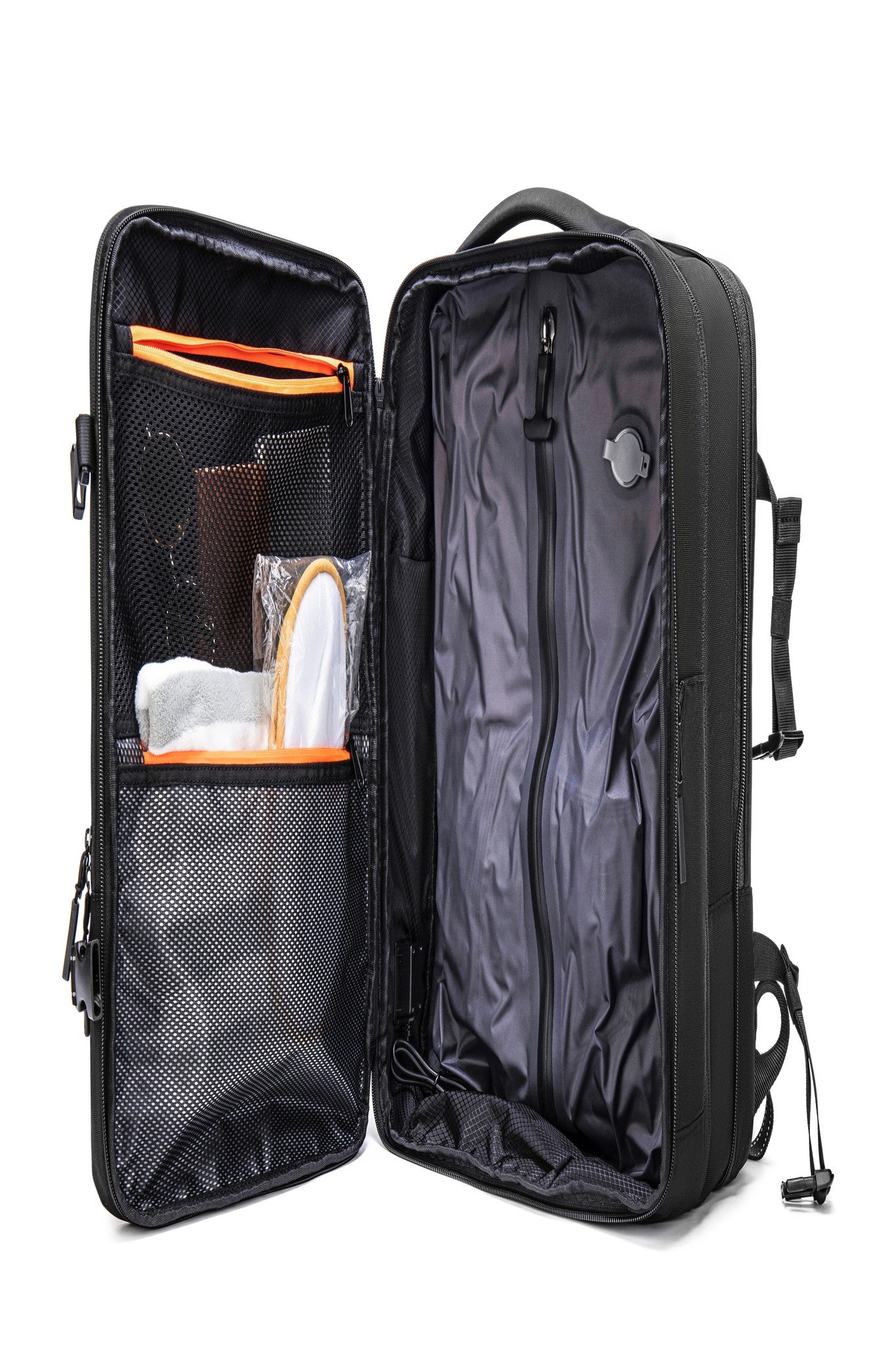 Organized front panel with mesh pockets and garment sleeve