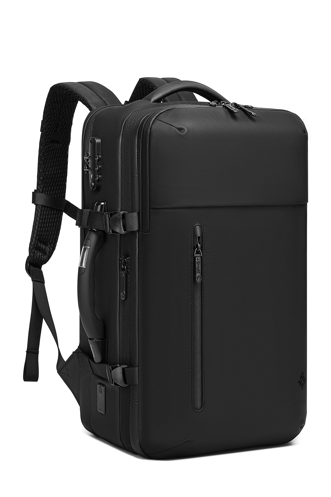 Executive Pro Backpack 35L, side view showing TSA-approved combination lock and trolley handle