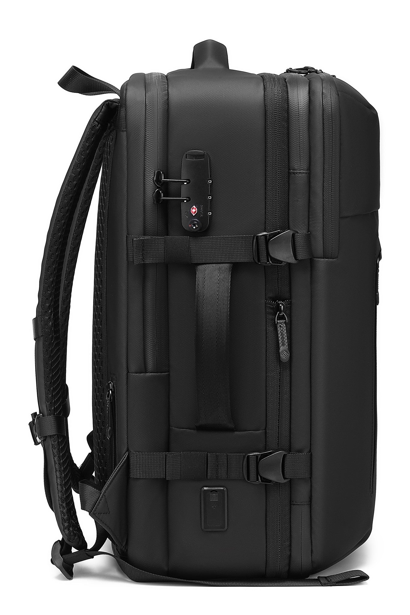 Executive Pro Backpack 35L showing the built-in TSA-approved combination lock and USB charging port
