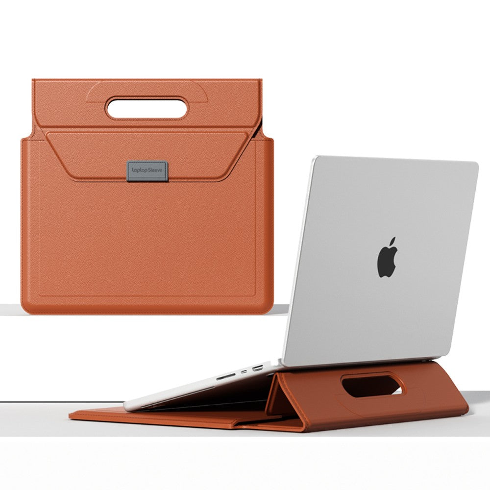 Orange Laptop sleeve with handle shown closed with cutout carry handle, next to the sleeve folded open into a stand propping up a laptop