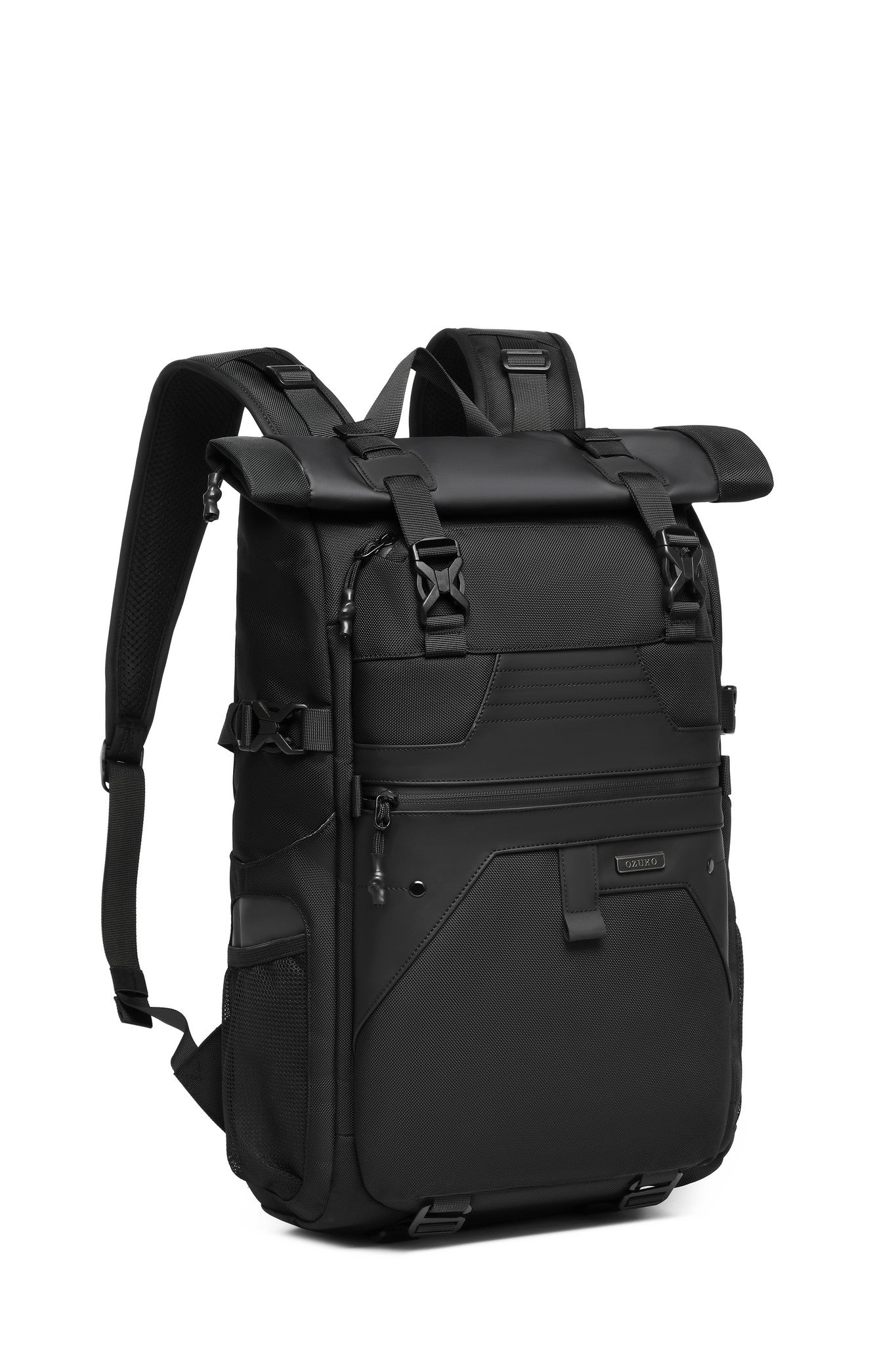 Summit Backpack 25L in Black, three-quarter front angle view with rolltop closure and zippered front pocket