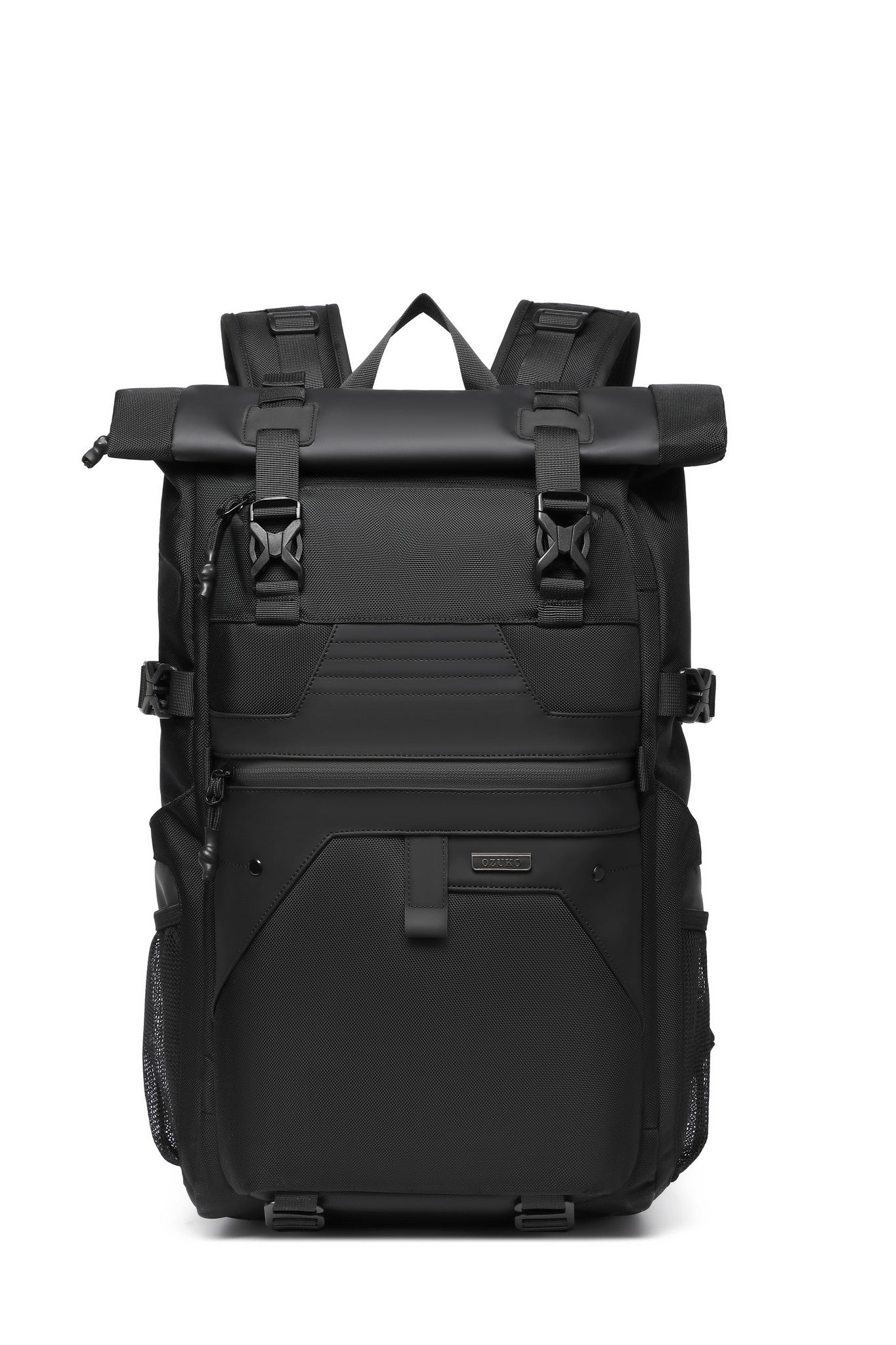 Summit Backpack 25L in Black, straight-on front view with rolltop closed