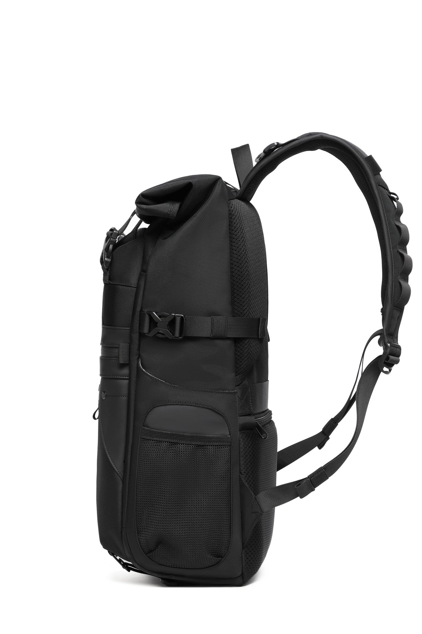Summit Backpack 25L in Black, three-quarter side view showing extended shoulder straps