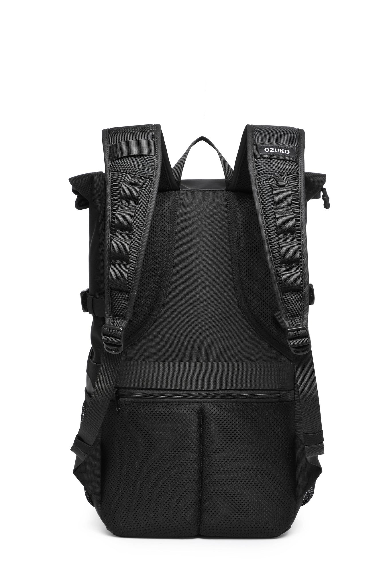 Summit Backpack 25L in Black, straight-on back view showing padded mesh straps and OZUKO logo tab