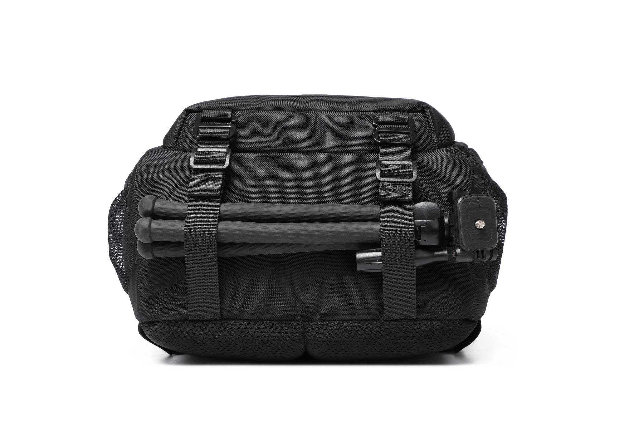 Summit Backpack 25L in Black, close-up of the rear compression straps holding an action camera mount