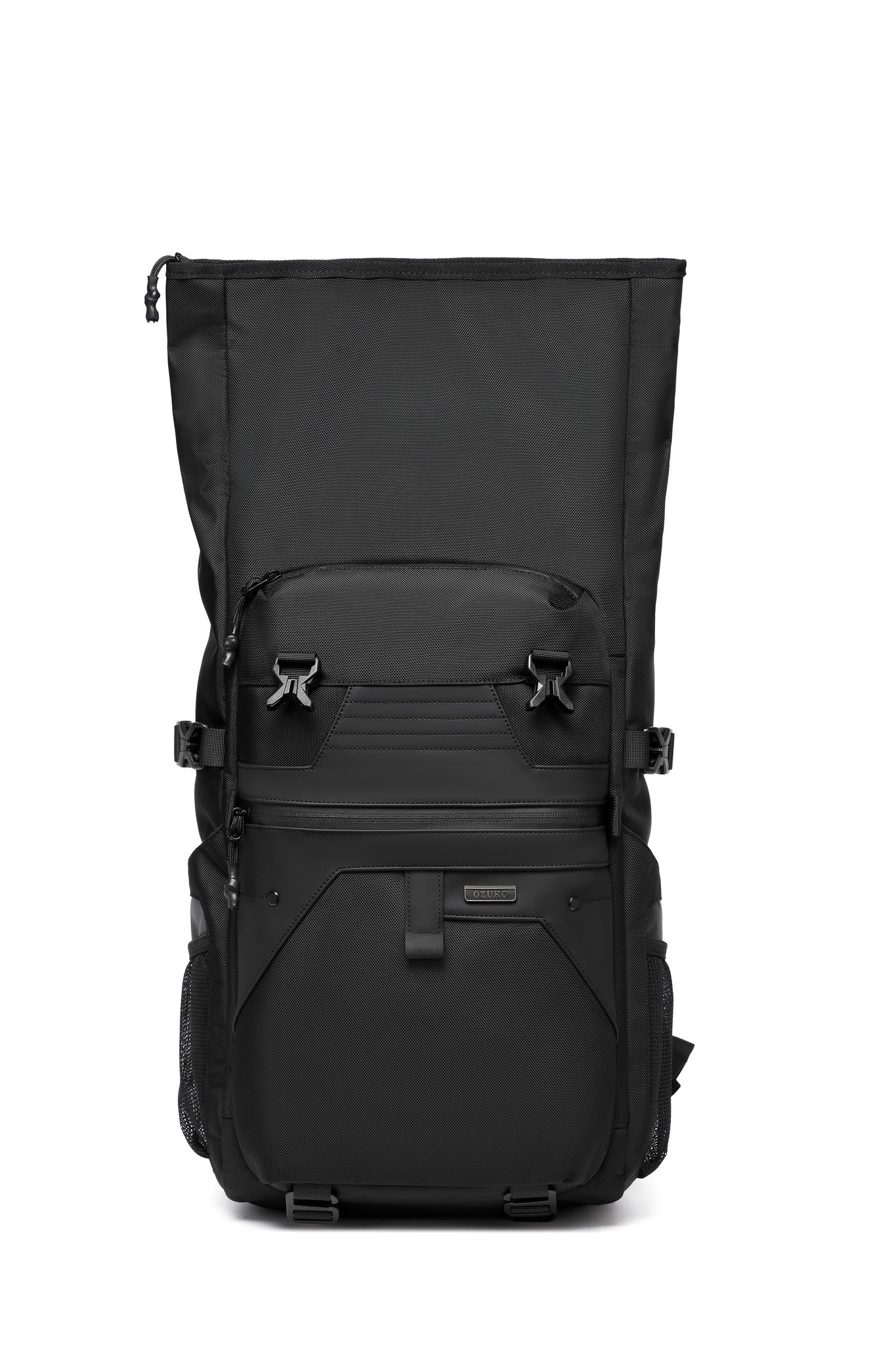 Summit Backpack 25L in Black, straight-on front view with rolltop open showing the zippered front pocket