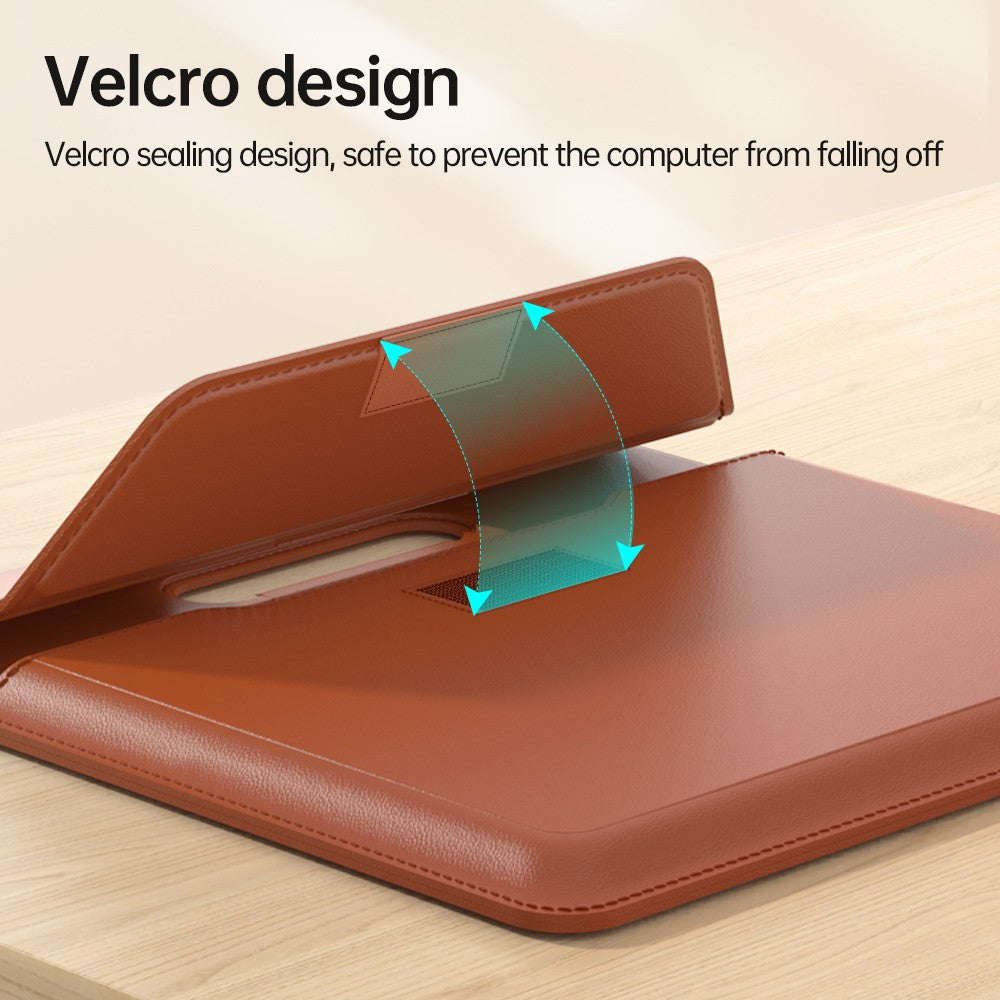 Close-up of the Orange Laptop sleeve with handle velcro-sealed flap, arrows showing the hook-and-loop closure that secures the laptop
