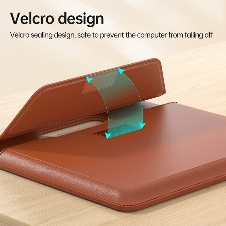 Close-up of the Orange Laptop sleeve with handle velcro-sealed flap, arrows showing the hook-and-loop closure that secures the laptop