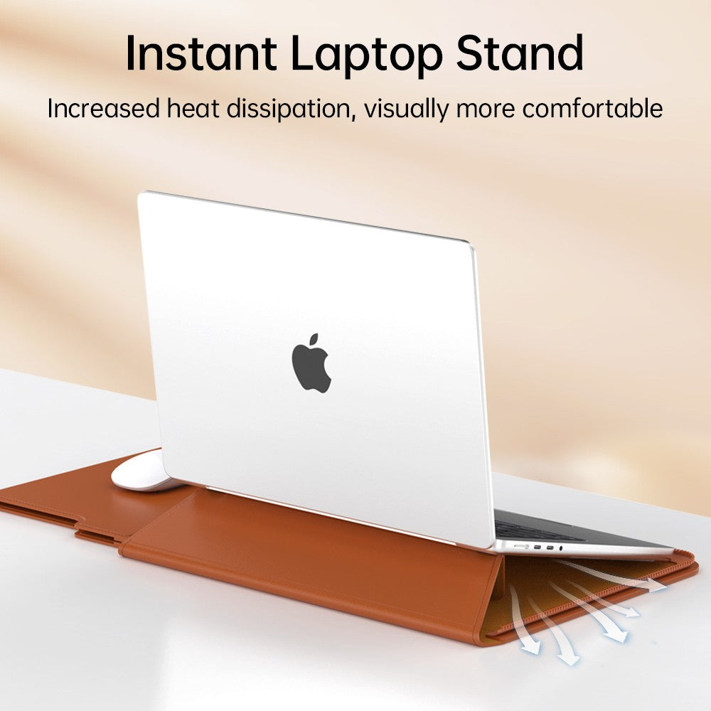 Orange Laptop sleeve with Zipper folded into a stand with a laptop propped up from behind, showing the heat-dissipation gap underneath