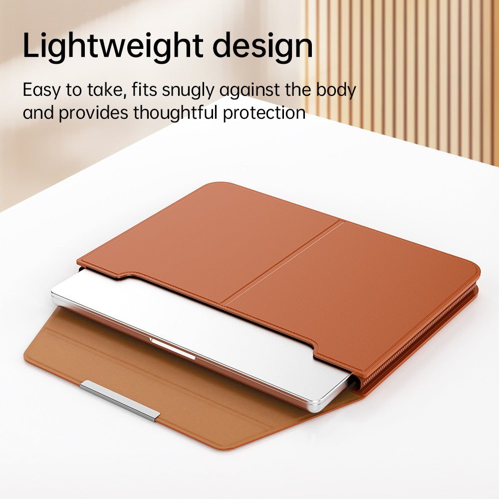 Orange Laptop sleeve with Zipper with a laptop partially slid inside, showing the slim, lightweight profile