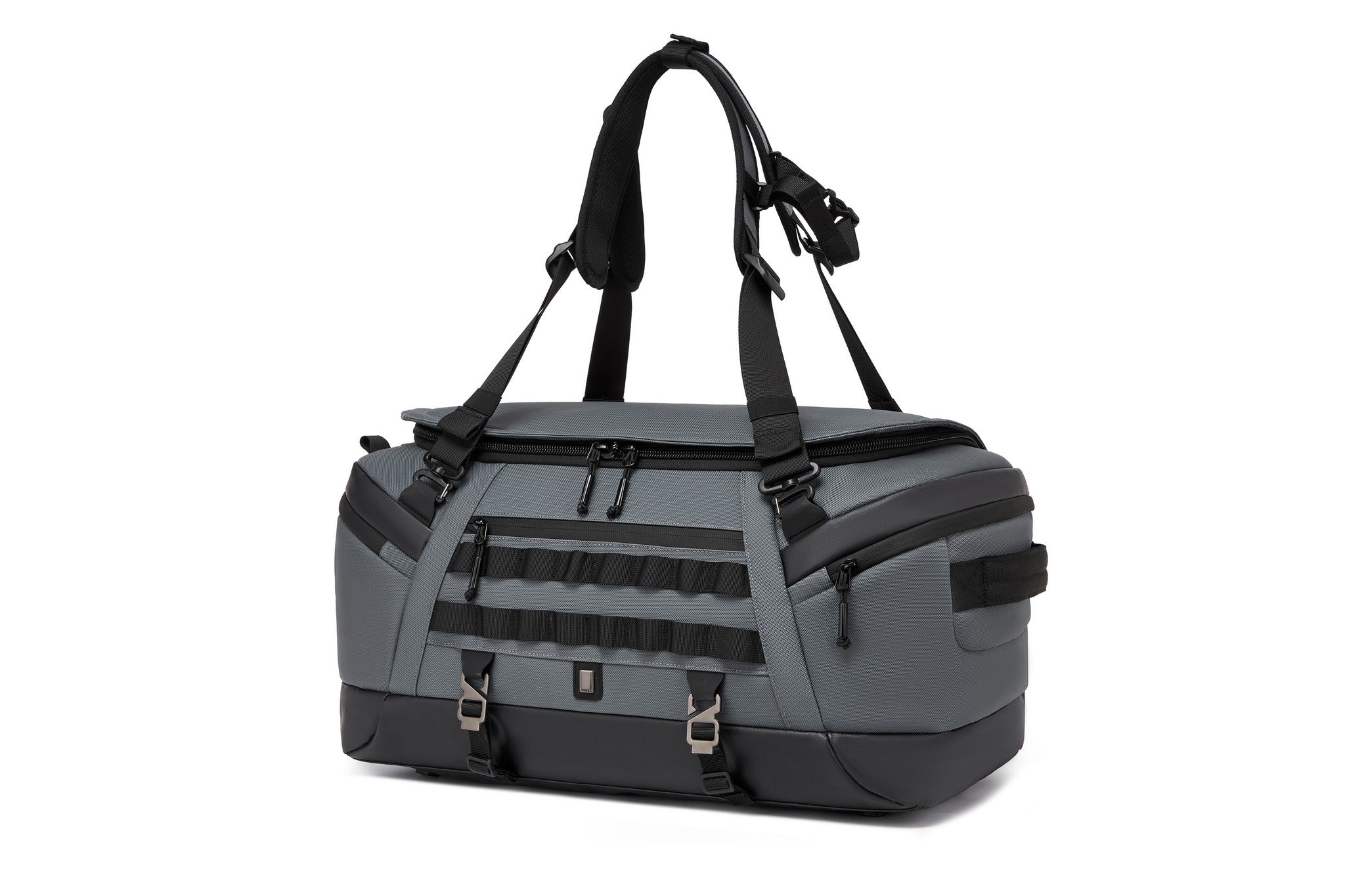 Gray Cargo Duffel 45L, front view showing the top carry handle, backpack straps, and main zip compartment with combination lock