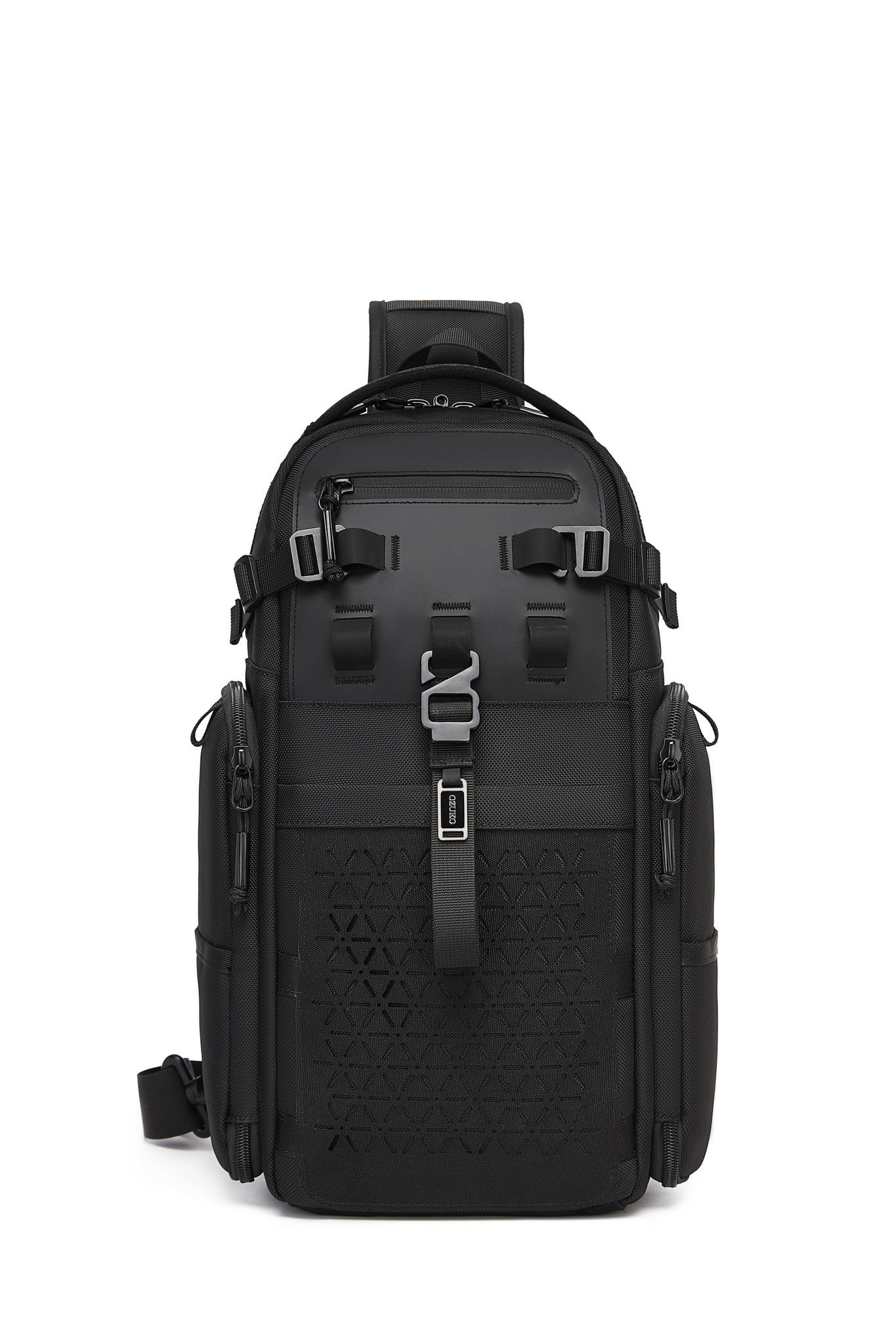 Ridge Sling Backpack 12L in Black - front view showing the hard-shell top compartment and clip-buckle closure