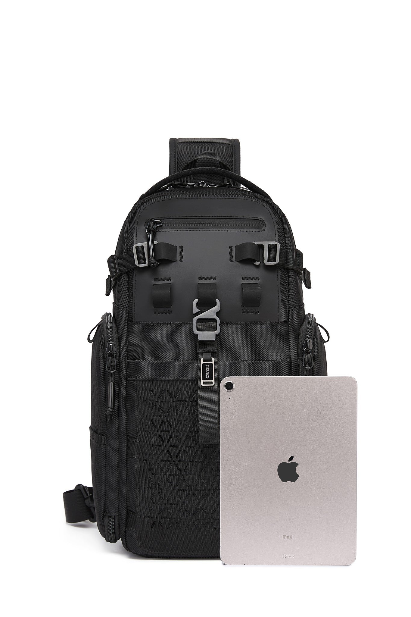 Ridge Sling Backpack 12L in Black - front view with an iPad shown alongside for size comparison