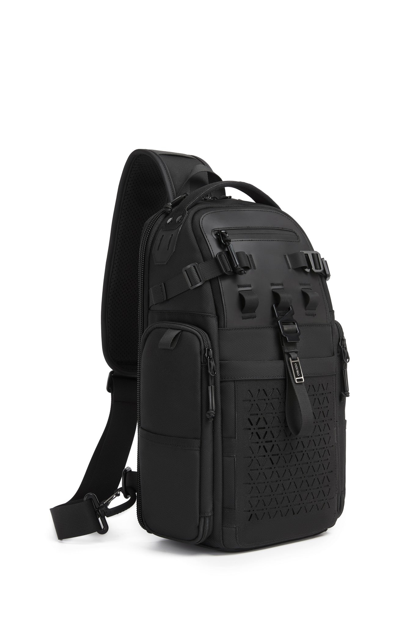Ridge Sling Backpack 12L in Black - three-quarter front view showing the front pocket and laser-cut grip panel