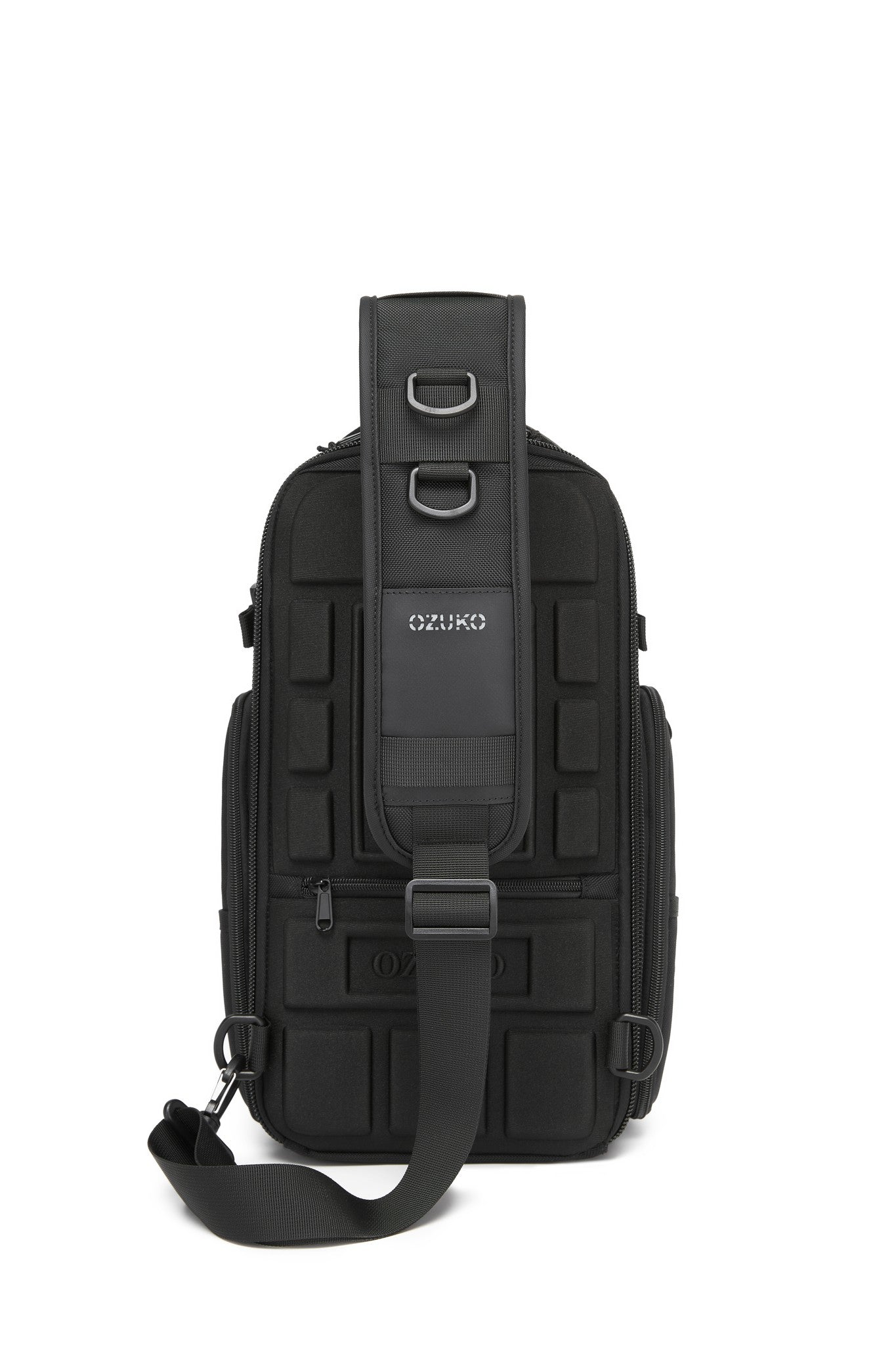 Ridge Sling Backpack 12L in Black - back view showing the padded back panel, D-rings, and adjustable sling strap