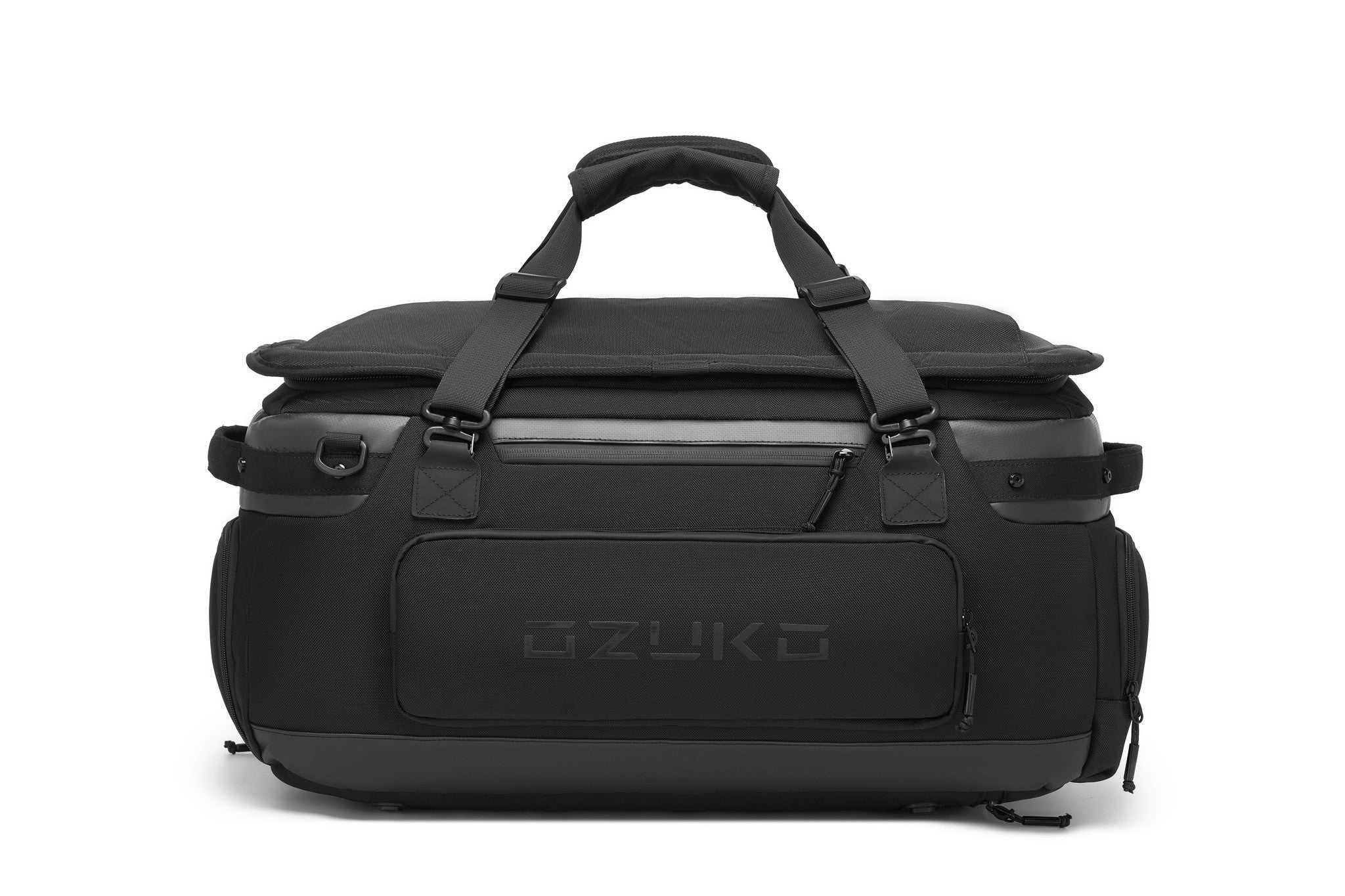 Oono Voyager Duffel 50L in black, front view showing the OZUKO logo on the center panel