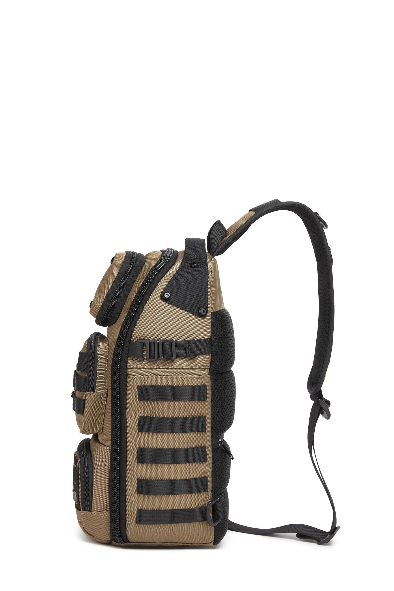 Daytrip Backpack 12L in Tan - side view showing the MOLLE webbing and adjustable sling strap