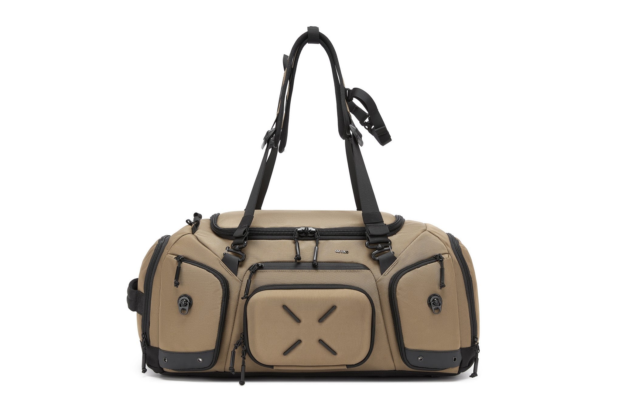 Tan Voyager Duffel 40L, three-quarter angled view with the backpack straps extended forward