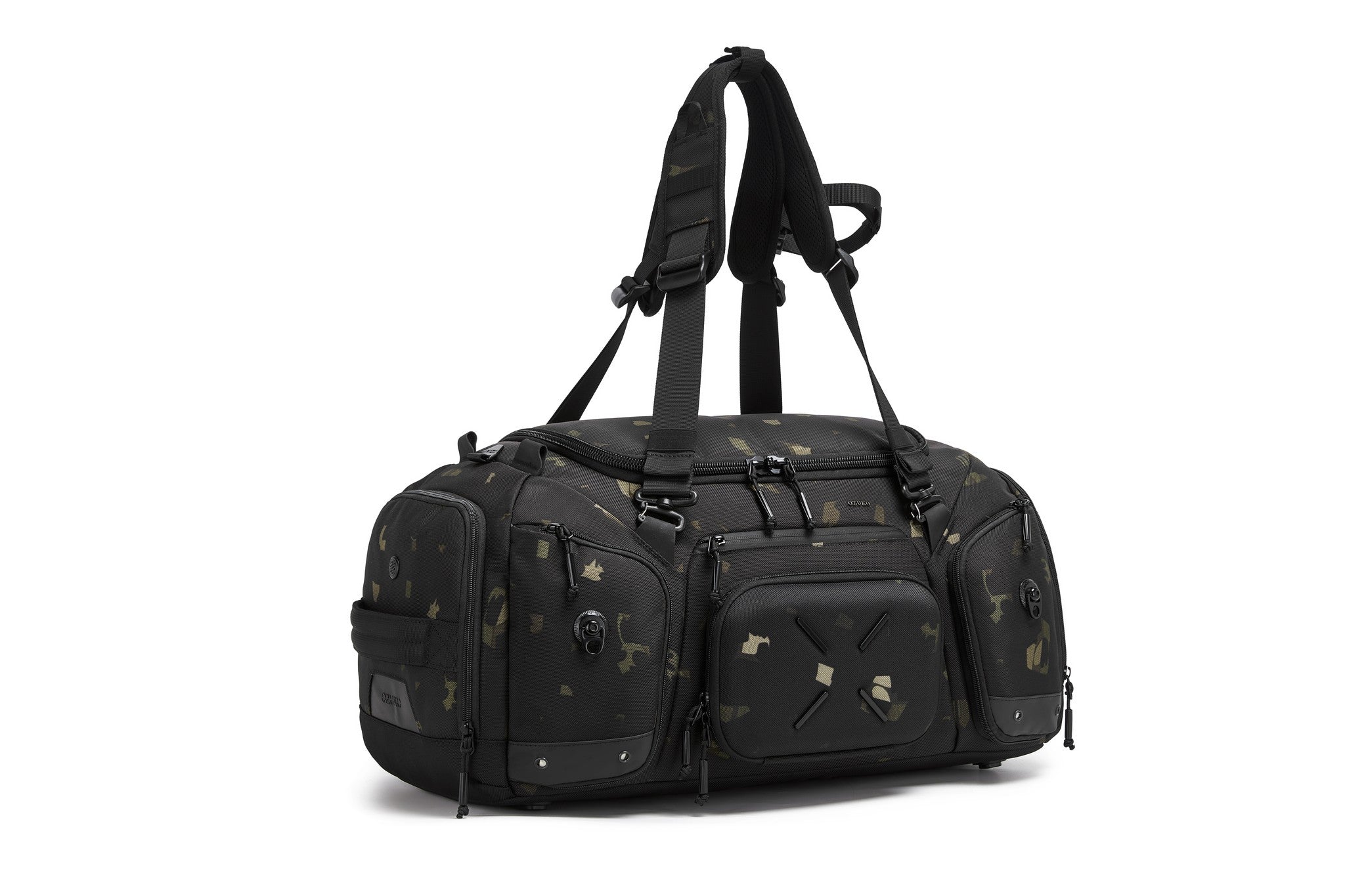 Camo Voyager Duffel 40L, three-quarter angled view worn as a backpack