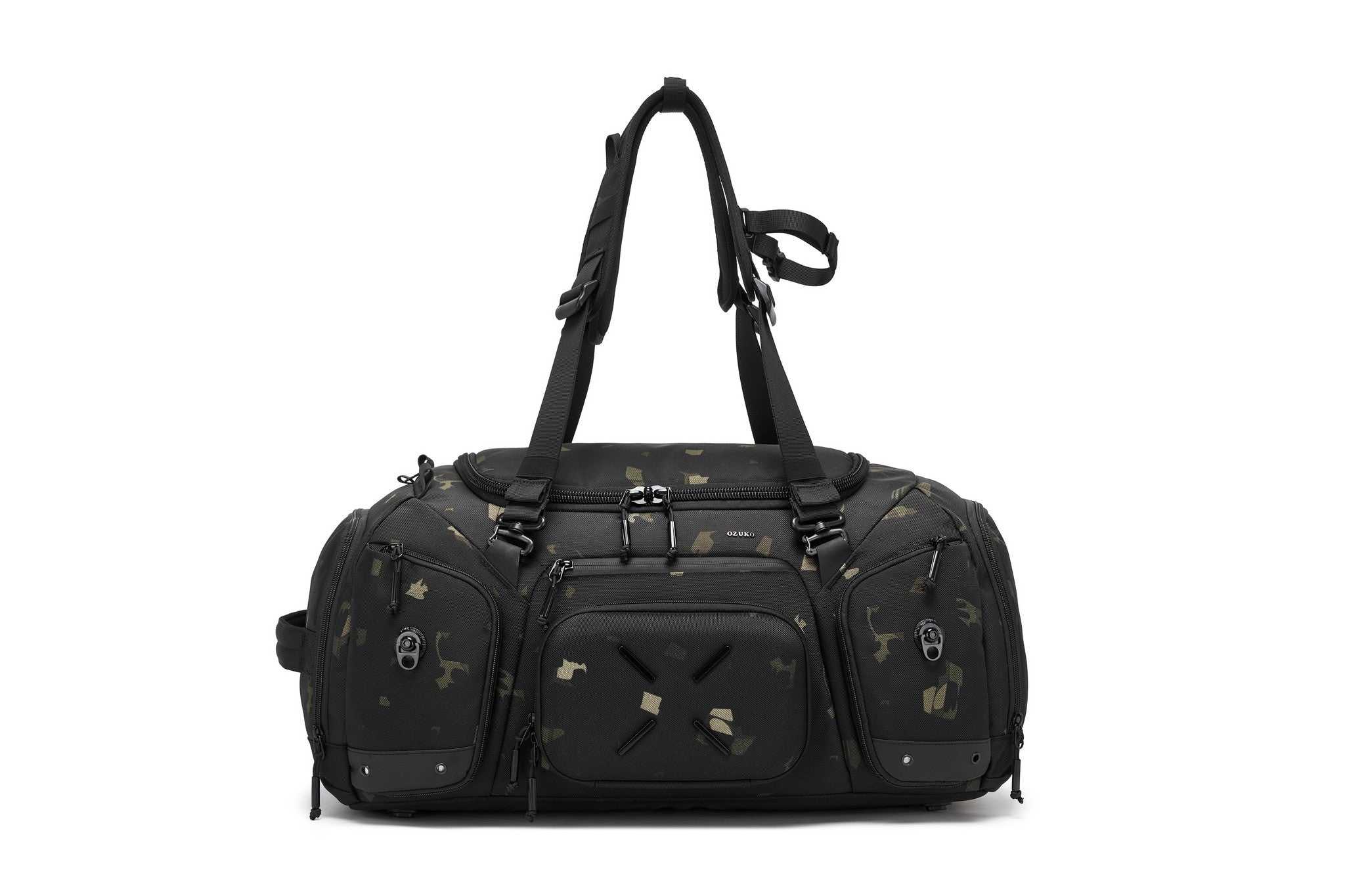 Camo Voyager Duffel 40L, front view showing the top carry handle and front zip pockets