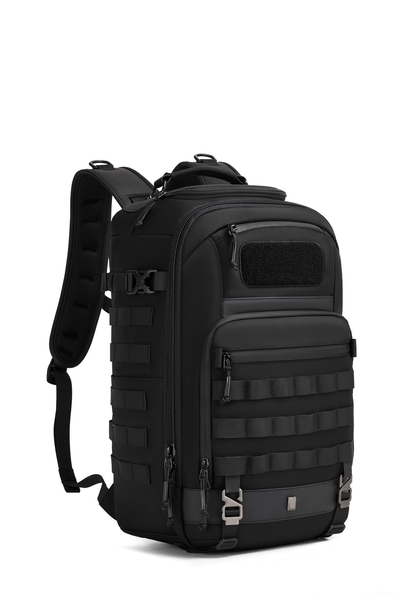 Oono Trailhead Backpack 25L in black, three-quarter view with the shoulder straps extended, showing the front MOLLE webbing and side water bottle pocket
