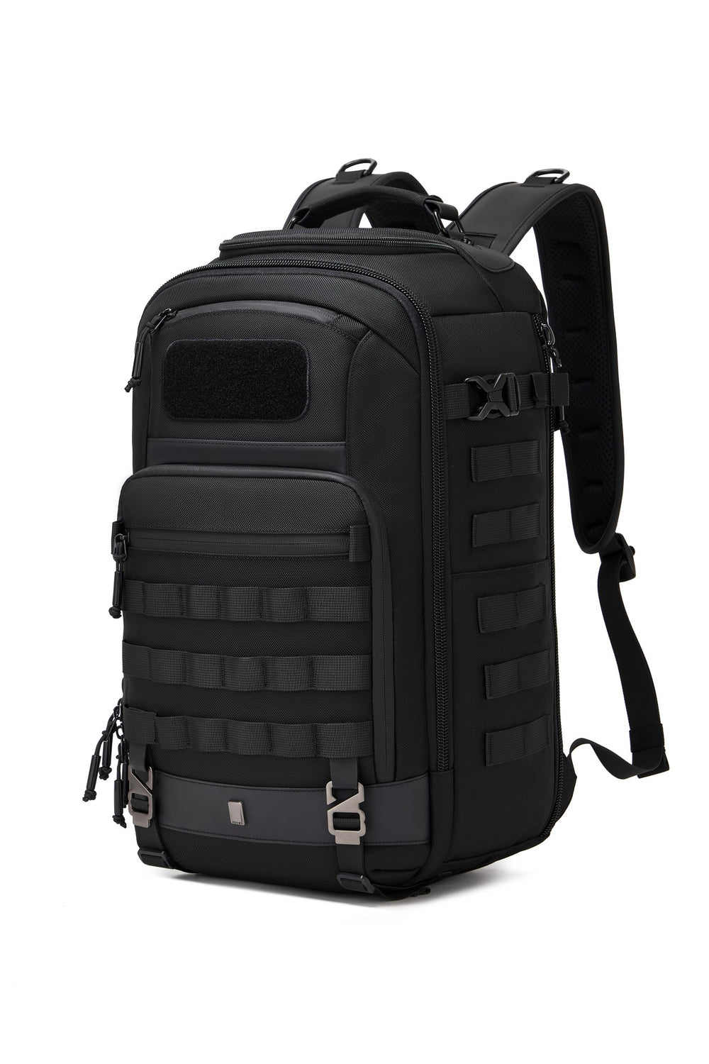 Oono Trailhead Backpack 25L in black, front three-quarter view showing the zippered front pocket, MOLLE webbing, and top carry handle
