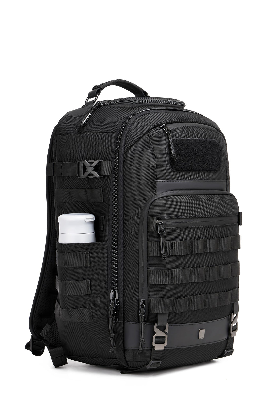 Oono Trailhead Backpack 25L in black, front three-quarter view with front MOLLE webbing, a hook-and-loop patch panel, and a water bottle in the side pocket