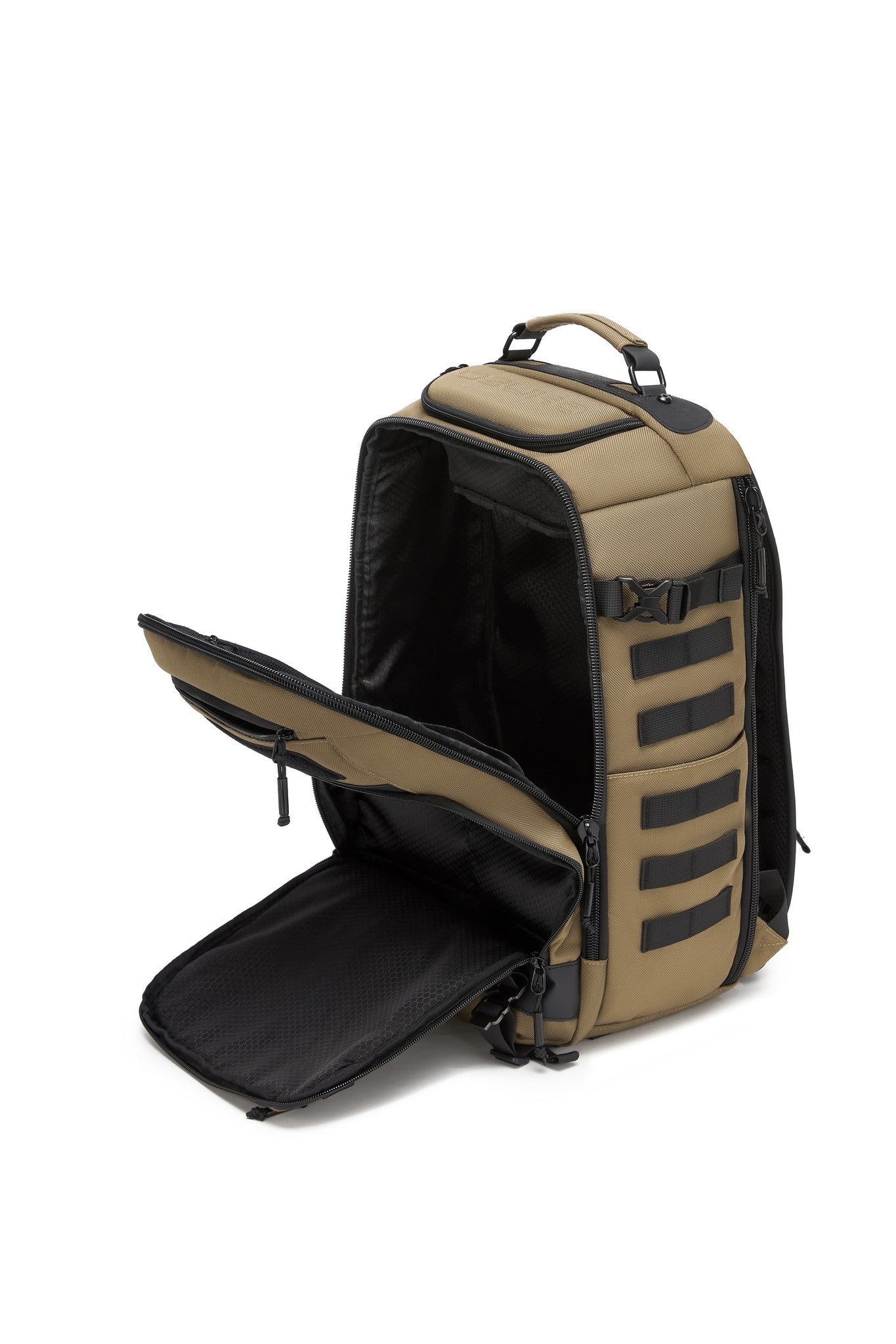Oono Trailhead Backpack 25L in tan, main compartment open showing the empty interior with a mesh lid pocket