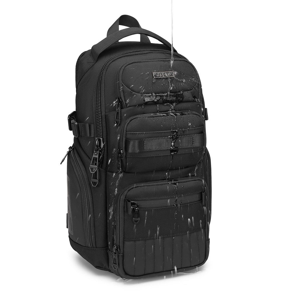 Ridge Sling 8L in Black, three-quarter front angle view with water beading off the fabric